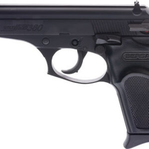 Black compact air pistol with a textured grip and exposed trigger, shown from the left side with rear sight.