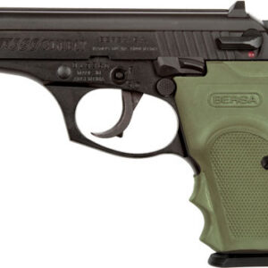 Side view of a black Bersa .380 Combat semi-automatic pistol with an olive-green grip.
