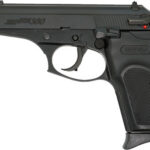Black compact semi-automatic pistol with a textured grip and red safety indicator, side view (Bersa model).