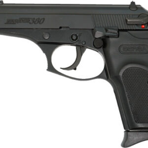 Black compact semi-automatic pistol with a textured grip and red safety indicator, side view (Bersa model).