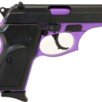 Semi-automatic handgun with a black slide and purple grip and trigger guard on a white background.
