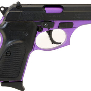 Semi-automatic handgun with a black slide and purple grip and trigger guard on a white background.