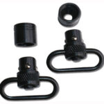 Pair of black quick-release strap swivels with D-shaped rings and removable end caps