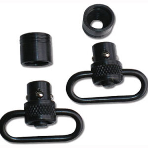 Pair of black quick-release strap swivels with D-shaped rings and removable end caps