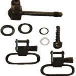 Assorted metal hardware parts laid out: two U-brackets, screws, washers, spacers, rings and a bolt on white background.