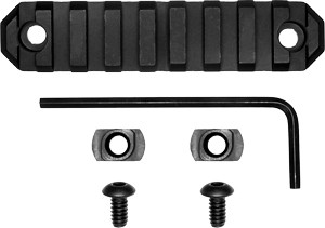 Picatinny rail adapter with hardware: ridged rail, two nuts, two screws, and an L-shaped Allen key for mounting
