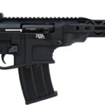 Black modern sporting rifle (AR-style) with adjustable stock, pistol grip, handguard, and magazine inserted.