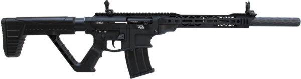 Black modern sporting rifle (AR-style) with adjustable stock, pistol grip, handguard, and magazine inserted.