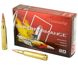Box of Hornady Superformance ammunition with two bullets beside it (20 cartridges total).​