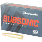 Box of Hornady Subsonic ammunition (20 cartridges) with two loose bullets beside it.
