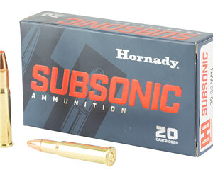 Box of Hornady Subsonic ammunition (20 cartridges) with two loose bullets beside it.