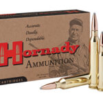 Hornady ammunition box with several brass rifle cartridges leaning against it; highlights the brand name and 20 cartridges in the package.