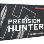 Box of Hornady Precision Hunter ammunition, 20 cartridges, featuring a black/gray design with bold white lettering.