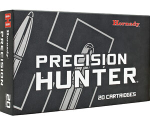 Box of Hornady Precision Hunter ammunition, 20 cartridges, featuring a black/gray design with bold white lettering.