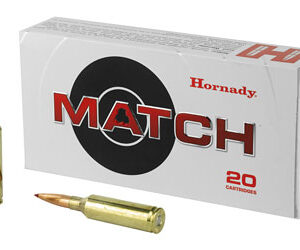Box of Hornady MATCH ammunition (20 cal) with two rifle bullets beside it on a white background.