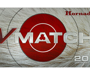 Hornady V-Match ammunition box, red target graphic, 20 cartridges.