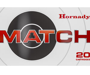 Box of Hornady MATCH ammunition with red 'MATCH' logo and '20 cartridges' label