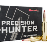 Hornady Precision Hunter ammunition box (20 cartridges) with four rifle bullets displayed to the right.