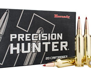 Hornady Precision Hunter ammunition box (20 cartridges) with four rifle bullets displayed to the right.