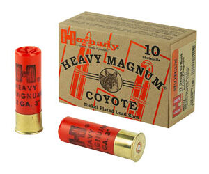 Box of Heavy Magnum Coyote shotgun shells with two red nickel-plated shells beside it.