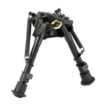 Black rifle bipod with adjustable, spring-loaded legs extended for stability and rubber feet on a white background.