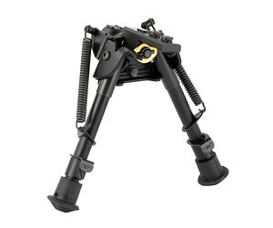 Black rifle bipod with adjustable, spring-loaded legs extended for stability and rubber feet on a white background.