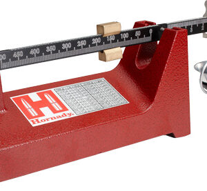 Red Hornady balance beam scale with sliding weight bar and a hanging powder pan.