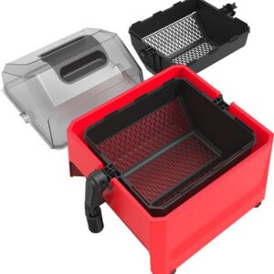Red rolling toolbox with a black inner tray and two detachable storage baskets; grey lid placed nearby.