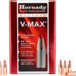 Box of Hornady V-MAX bullets with several copper-point rounds placed around it, red packaging visible