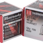 Two pink Hornady Varmint ammo boxes labeled .22 cal, 45 grain Hornet, stacked side by side (qty 100). View emphasizes product packaging and markings.