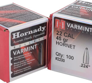 Two pink Hornady Varmint ammo boxes labeled .22 cal, 45 grain Hornet, stacked side by side (qty 100). View emphasizes product packaging and markings.