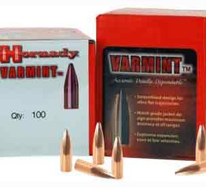 Two red Hornady Varmint ammunition boxes with several bullets laid out in front; the left box shows 'Qty: 100'.