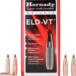Box of Hornady ELD-VT rifle bullets surrounded by copper bullets on a white background.