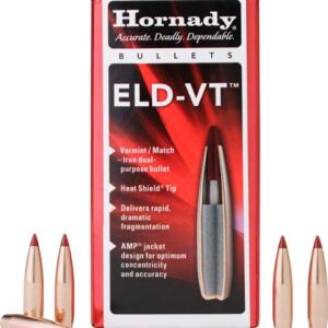 Box of Hornady ELD-VT rifle bullets surrounded by copper bullets on a white background.