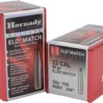 Two red Hornady Eld-Match bullet boxes, one showing .22 cal 80-gr ELD-MATCH bullets; includes quantity 100.