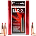 Box of Hornady EL-D-X bullets with copper bullets flanking on a white background