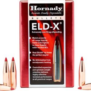 Box of Hornady EL-D-X bullets with copper bullets flanking on a white background