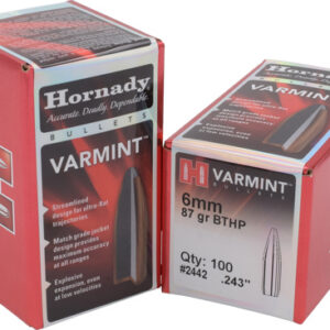 Two red Hornady Varmint bullet boxes (6mm, 87 gr BTHP) shown at an angle on a white background.