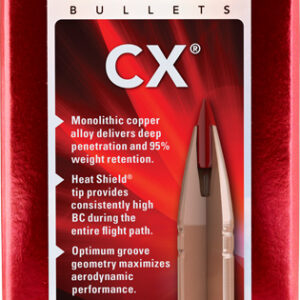 Brand-name Hornady bullet packaging labeled CX Bullets with copper alloy monolithic tip design and feature list on the card behind a clear window on red packaging, highlighting Heat Shield tip and optimal groove geometry for long-range performance.