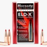 Box of Hornady EL-DX bullets with copper-jacketed rounds displayed around the red packaging