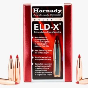 Box of Hornady EL-DX bullets with copper-jacketed rounds displayed around the red packaging