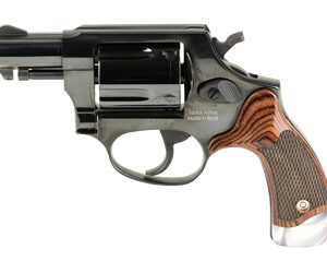 Compact revolver handgun with a black metal frame and checkered wooden grip on a white background