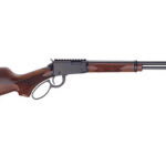 Lever-action rifle with wooden stock and long barrel viewed from the side.
