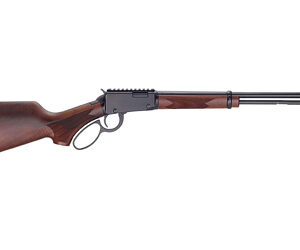 Lever-action rifle with wooden stock and long barrel viewed from the side.