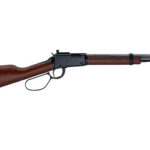 Lever-action rifle with wooden stock and long metal barrel seen in profile.