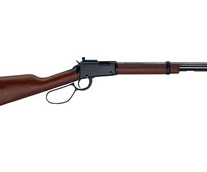 Lever-action rifle with wooden stock and long metal barrel seen in profile.