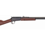Side view of a lever-action rifle with a wooden stock and long barrel.