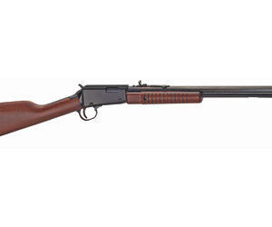 Side view of a lever-action rifle with a wooden stock and long barrel.