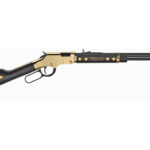 Decorative lever-action rifle with a black and gold finish and star motif, featuring the word Texas along the barrel