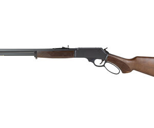 Side-by-side double-barrel shotgun with a wooden stock shown in profile.